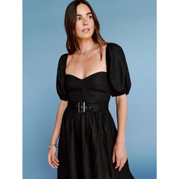Reformation Tien Linen Midi Dress Size 2 Black Puff Sleeve Belted Cottagecore - Picture 2 of 13